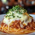Bolognese met romige knoflookspaghetti op een bord