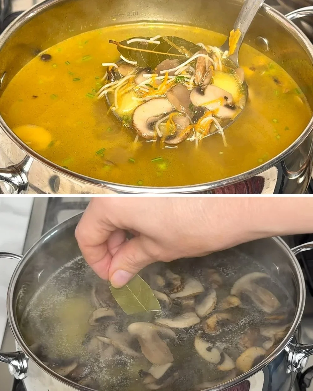 Bord met romige champignonsoep, gegarneerd met verse kruiden en broodje.