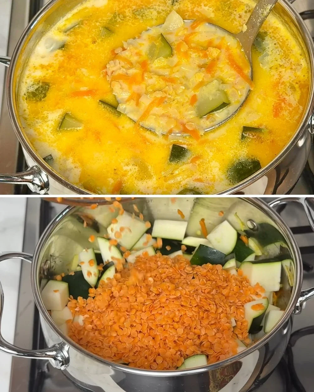 Courgette en rode linzensoep met krokante croutons in een kom