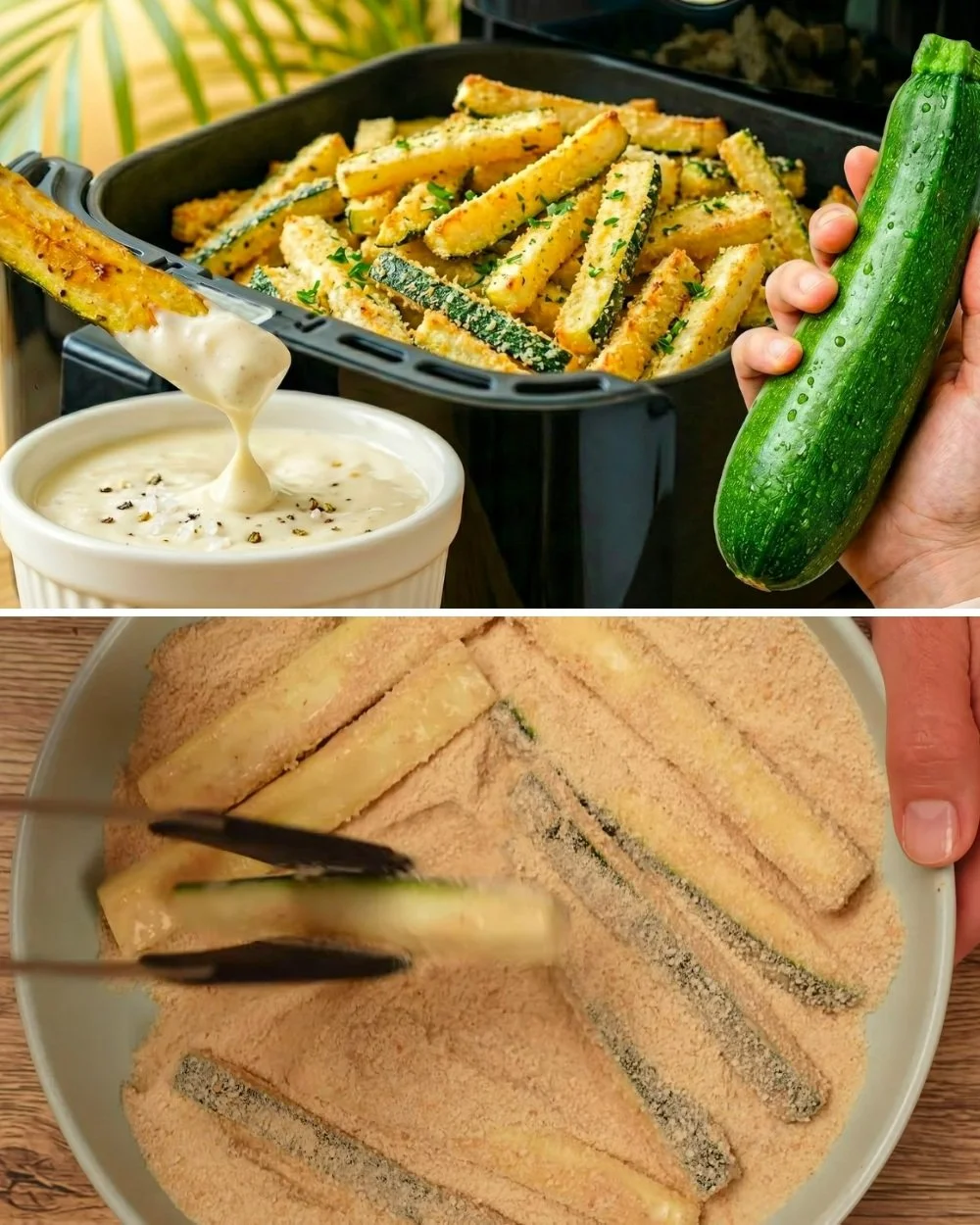 Heerlijke courgette frietjes geserveerd met romige yoghurtsaus