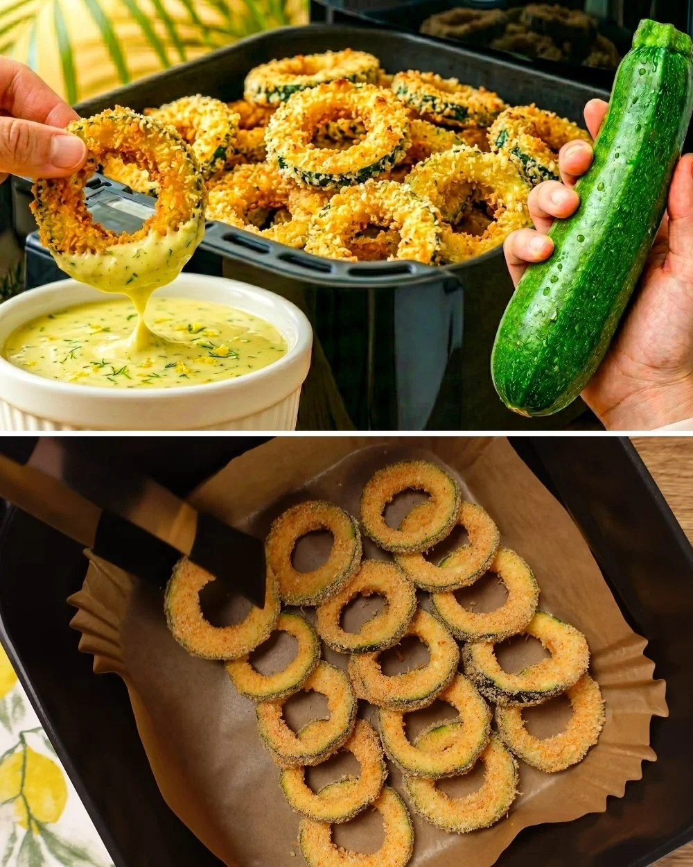 Courgette ringen geserveerd met limoen yoghurt saus, fris en snel recept