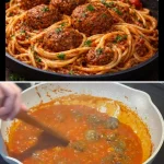 Gehaktballen geserveerd met spaghetti en spaghettisaus op een bord.