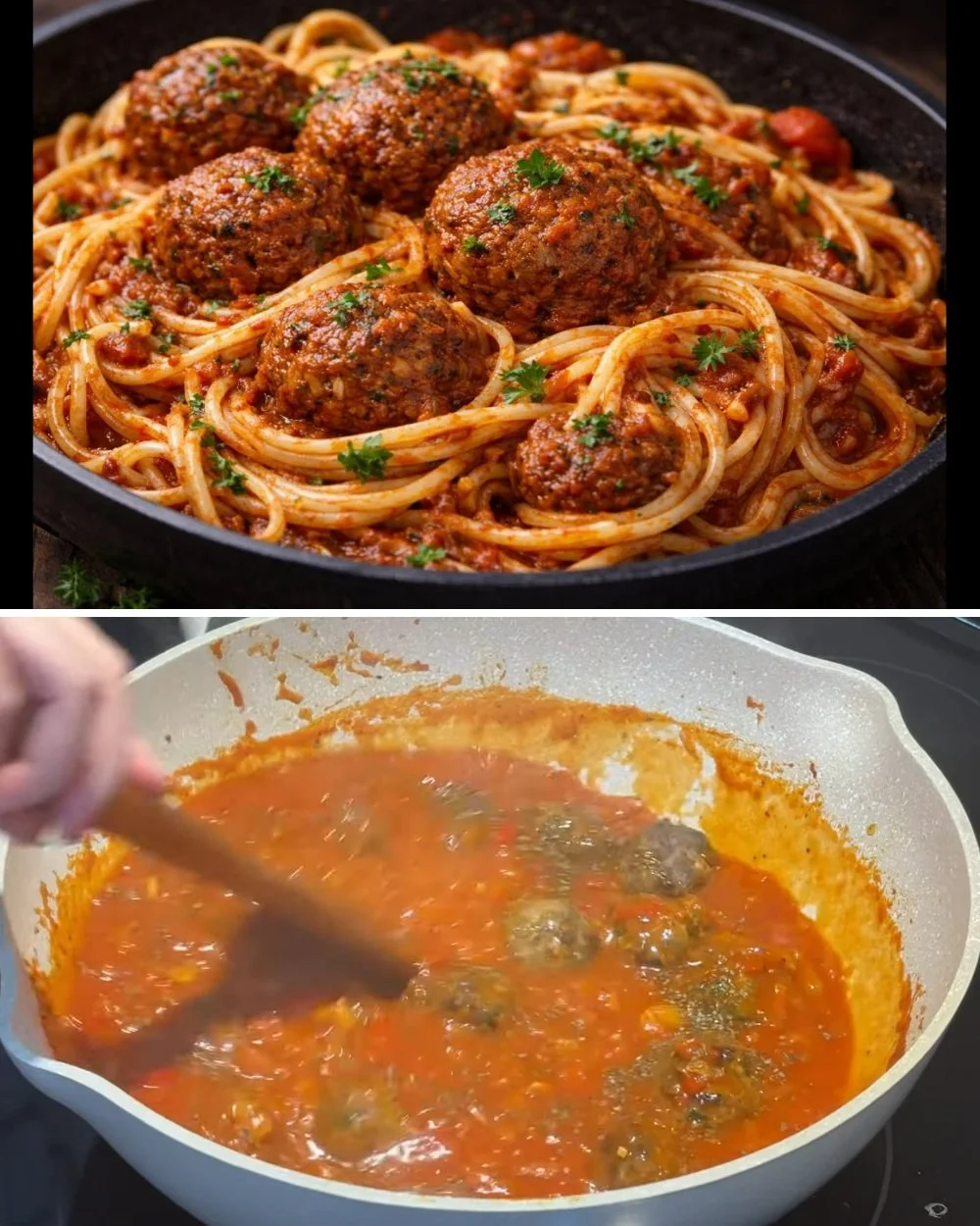 Gehaktballen geserveerd met spaghetti en spaghettisaus op een bord.