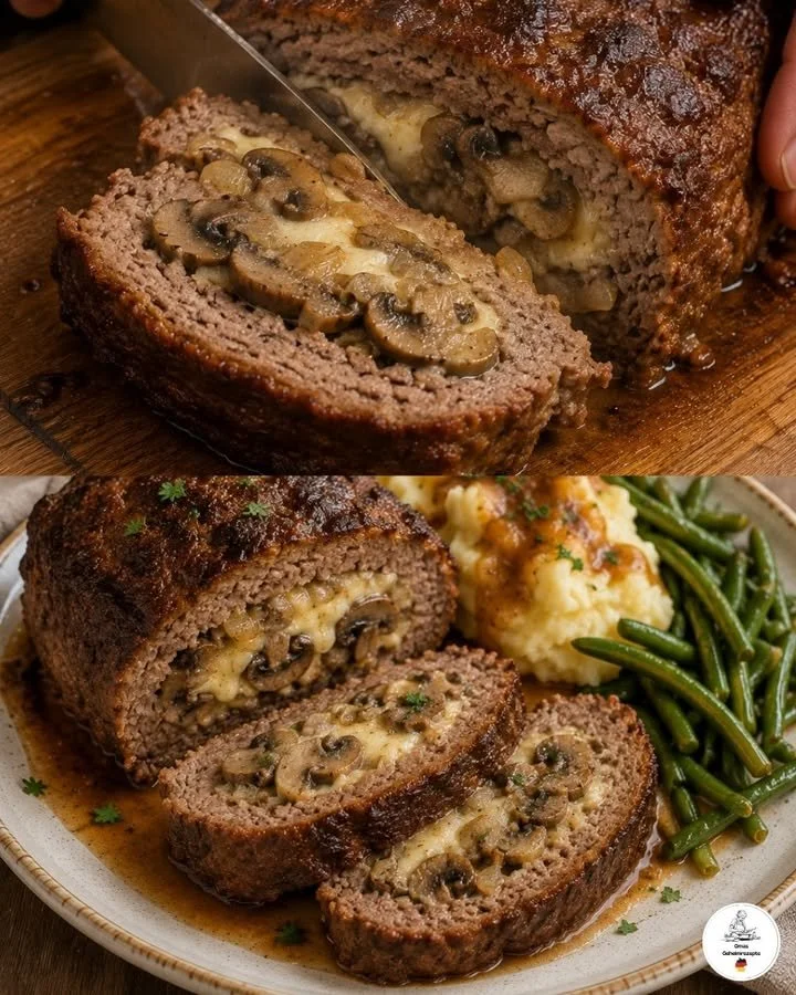 Gehaktbrood met kaas en champignons, een smakelijk recept