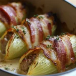 Gevulde witloof met spek en gehakt, overgoten met romige saus in een ovenschaal