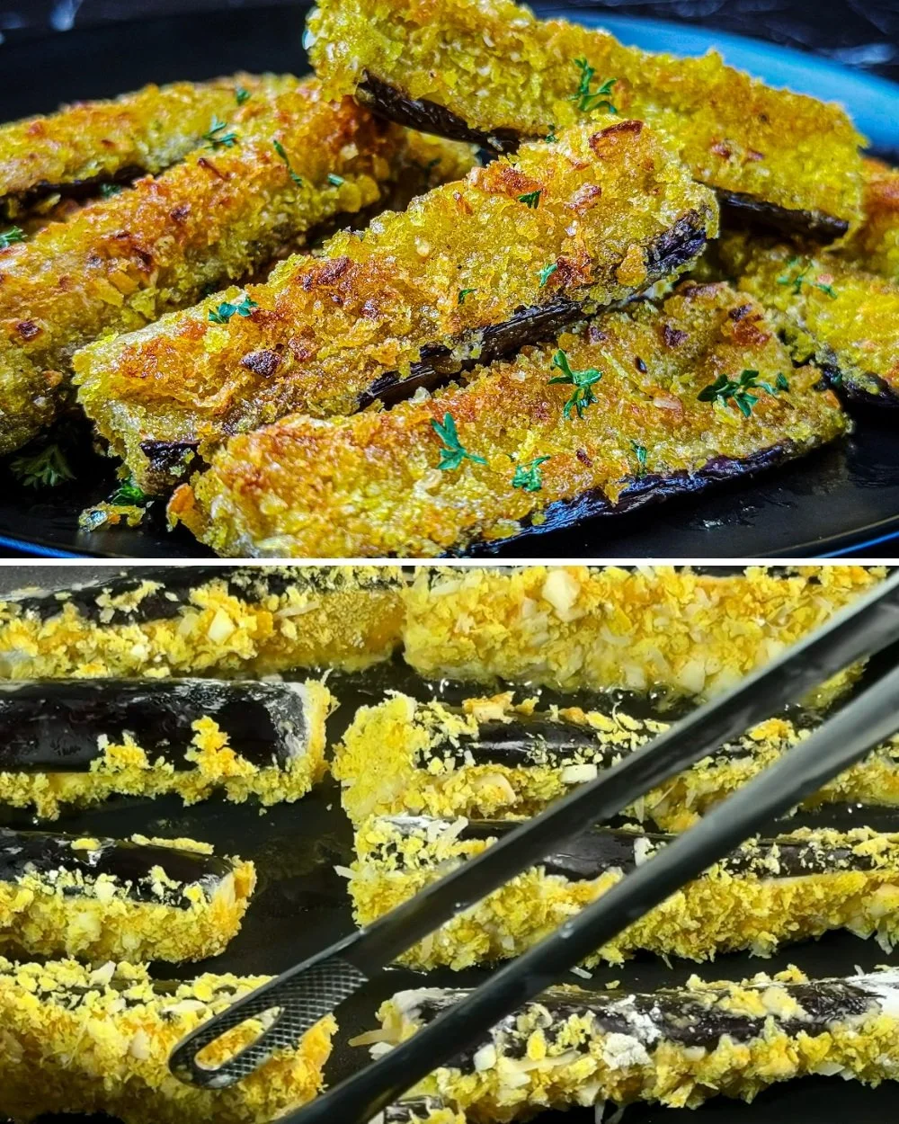 Gouden krokante knoflook aubergine in een stijlvolle serveerschaal