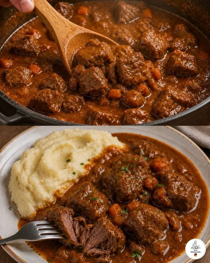 Gulasch met paprikasaus en aardappel-selderij-stamppot op een bord.