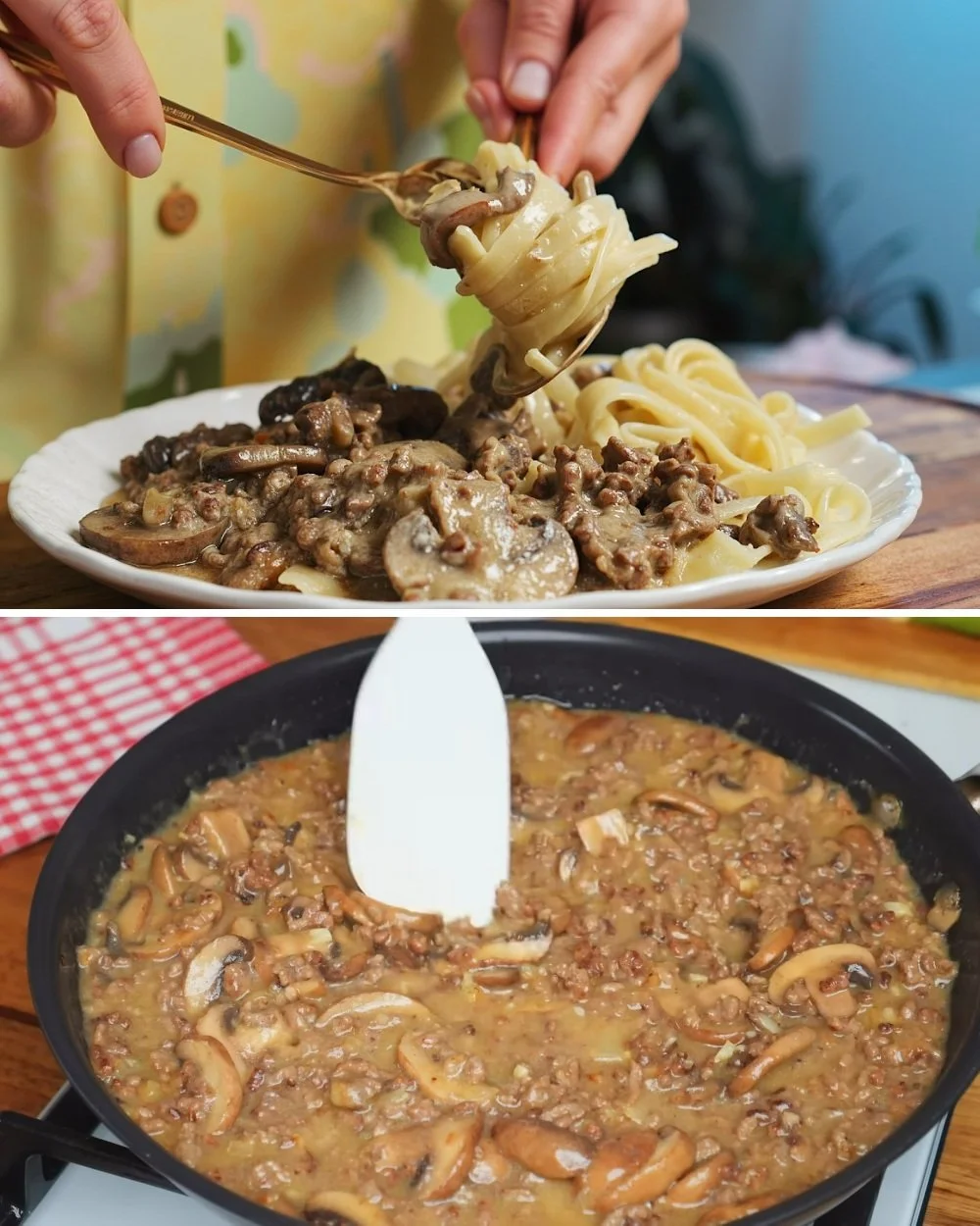 Rundergehakt champignon skillet met romige pasta, een smakelijk gerecht.
