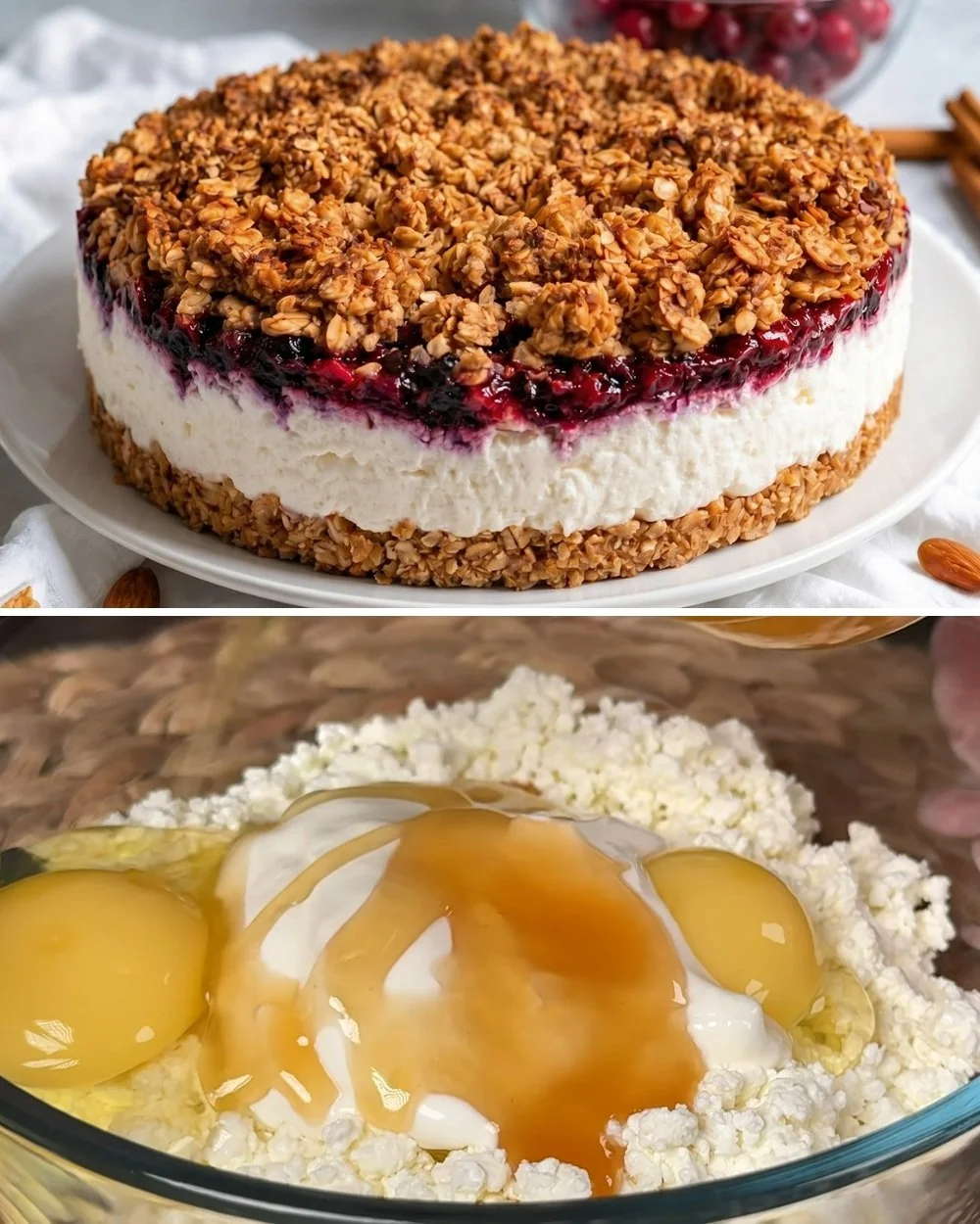 Havermout en cottage cheese cake met een gezonde uitstraling op een tafel