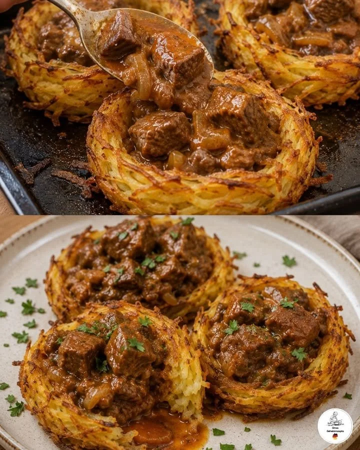 Heerlijke Kartoffelnester geserveerd met Rindergulasch als smaakvol gerecht.