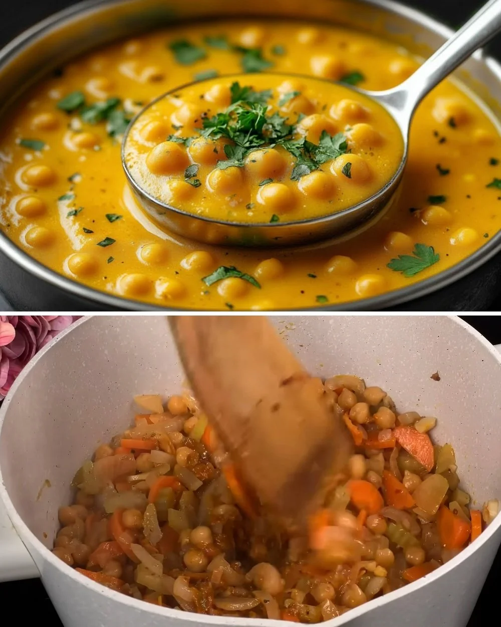 Kikkererwtensoep met mediterrane smaken en verse groenten in een kom