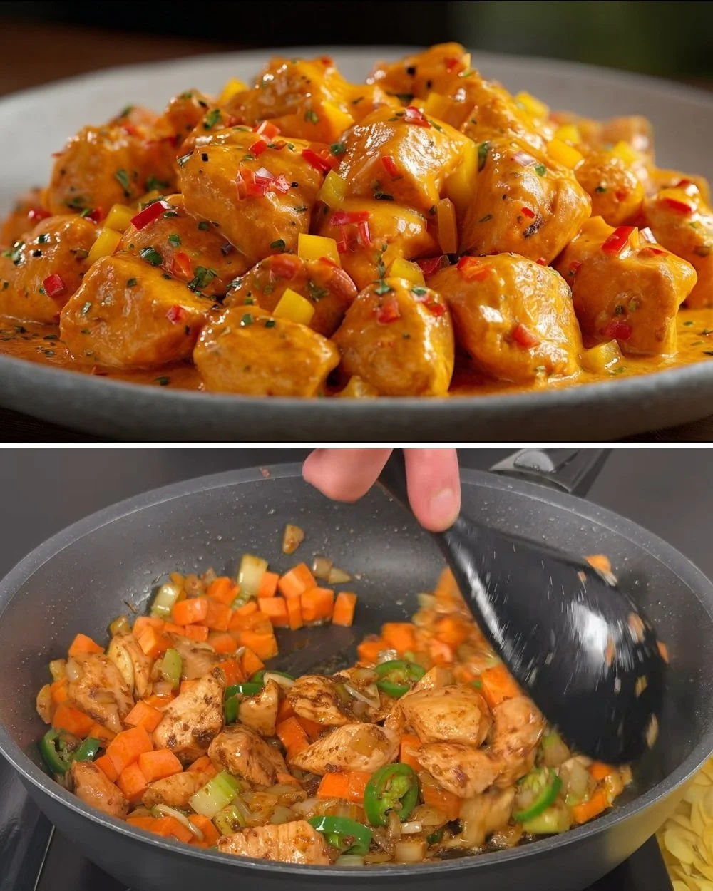 Heerlijke kip in saus geserveerd met groenten en rijst