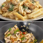 Kip met romige saus over pasta, een heerlijke maaltijd op het bord