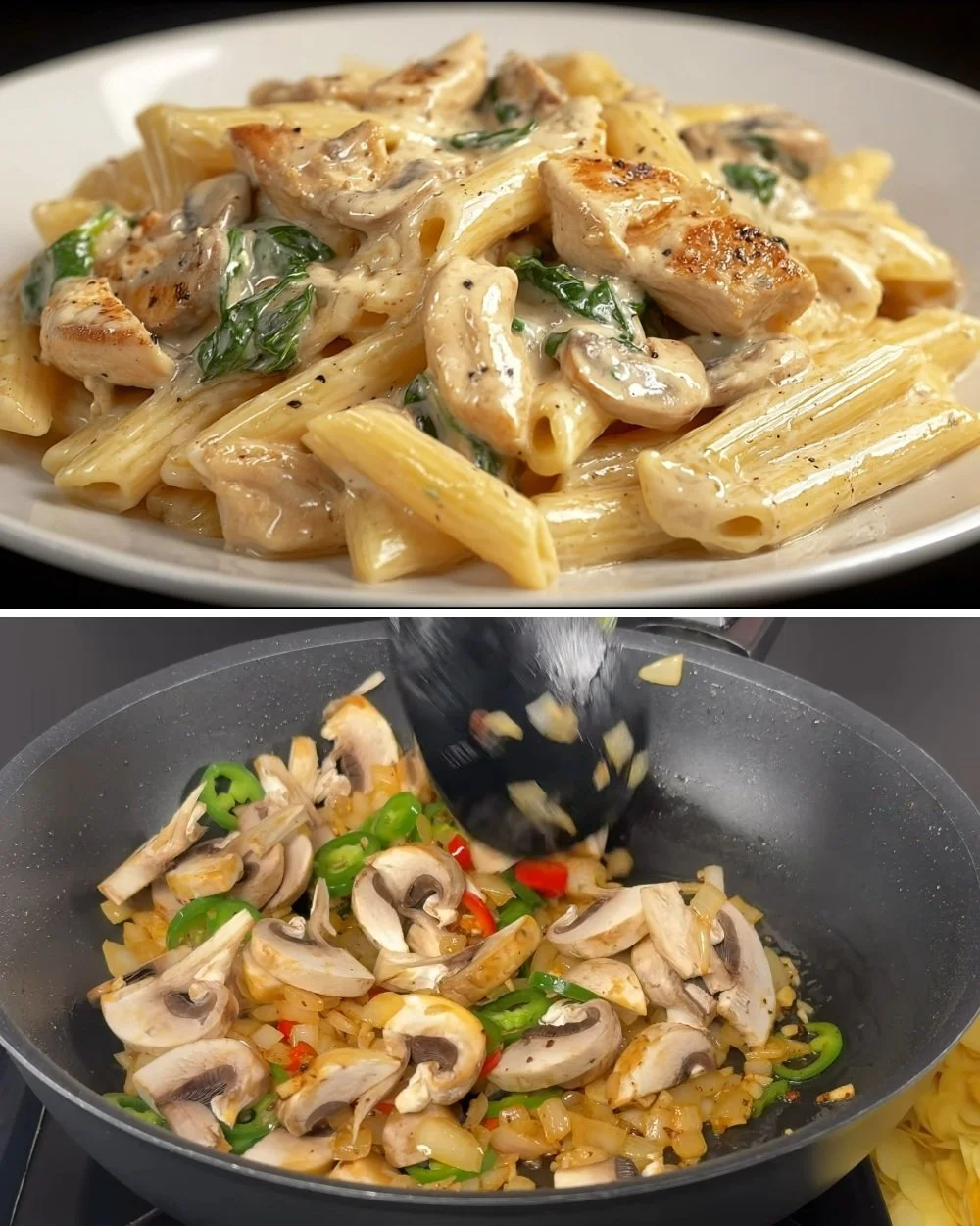 Kip met romige saus over pasta, een heerlijke maaltijd op het bord