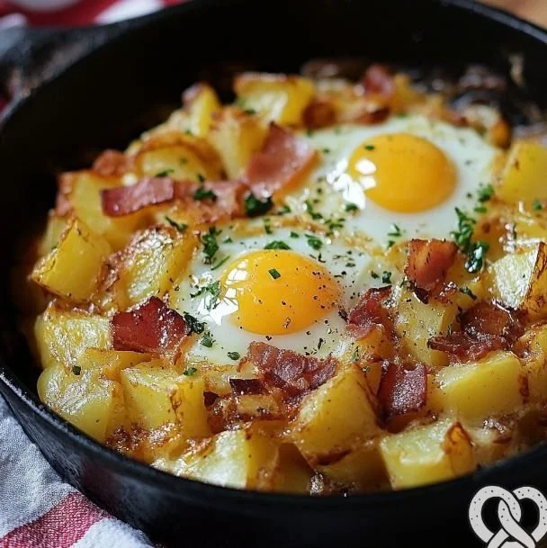 Knapperige aardappelen met ei en kaas op een bord