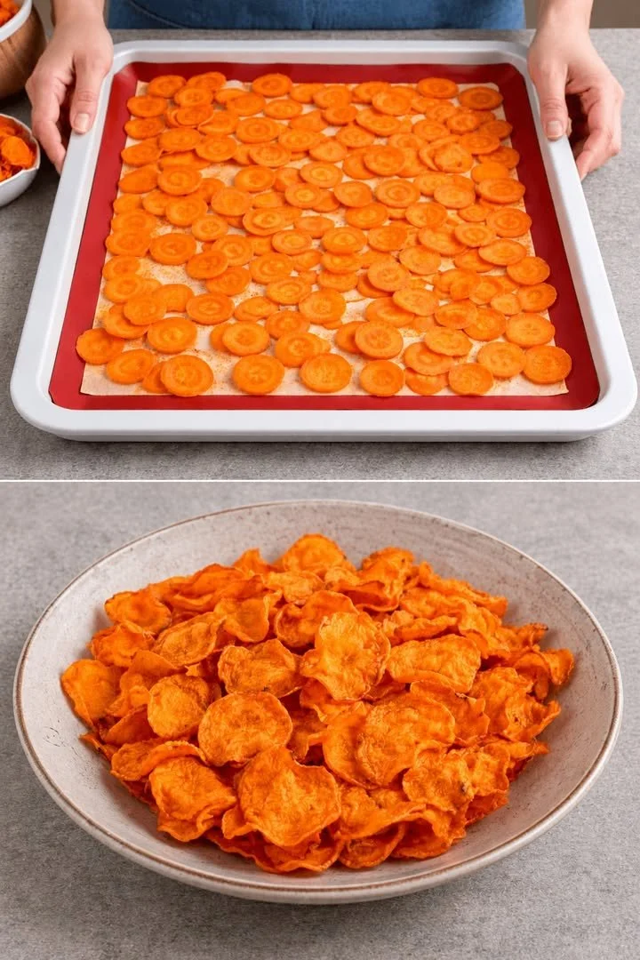 Lichte wortelchips, krokante en gezonde snack gemaakt van wortelen