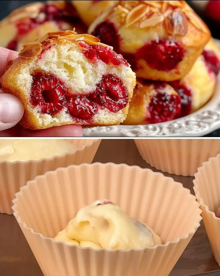 Luchtige citroen-frambozen kwarkmuffins met een frisse uitstraling en textuur.