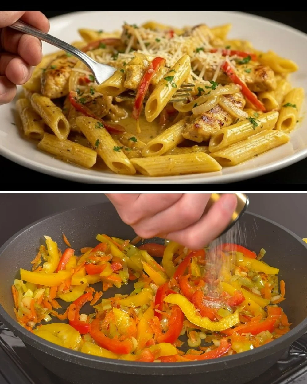 Malse kip met pasta in romige saus, heerlijk en snel gerecht