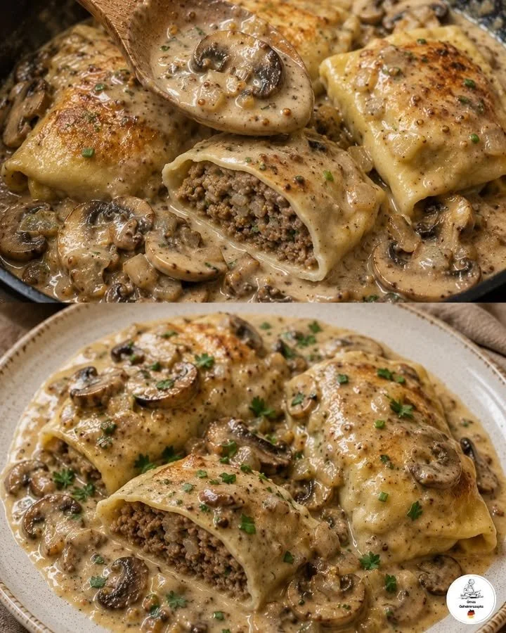 Maultaschen met champignons in mosterdroomsaus, een smakelijk Duits gerecht