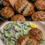 Putenfrikadellen met een frisse Gurkensalat op een bord