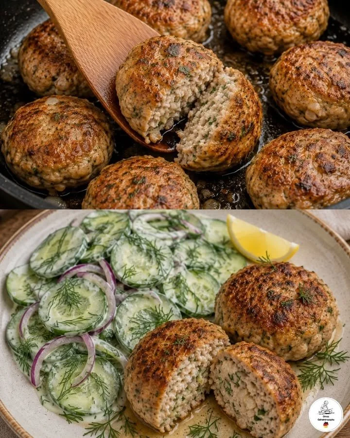 Putenfrikadellen met een frisse Gurkensalat op een bord