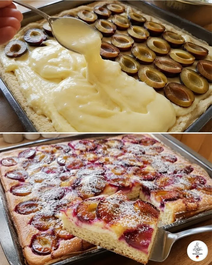Pruimenplaatcake vers uit de oven, een heerlijke dessert voor elke gelegenheid.