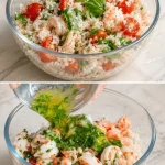 Rijstsalade met zalm en garnalen, een frisse en smakelijke maaltijd.
