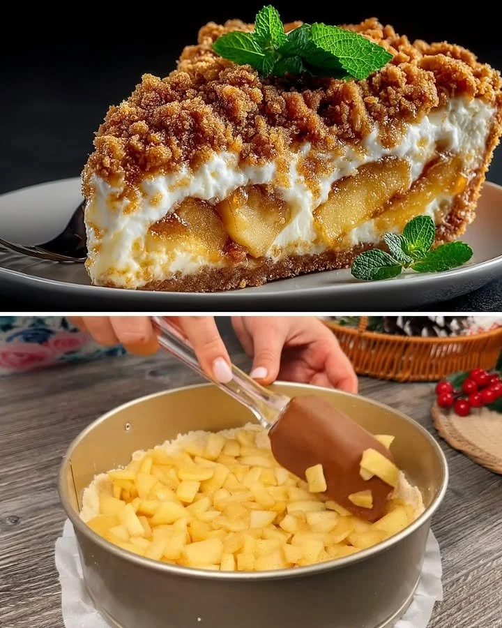 Romige appelcake met yoghurt en kaneel op een witte schaal