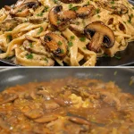 Romige champignonpasta met verse ingrediënten op een bord