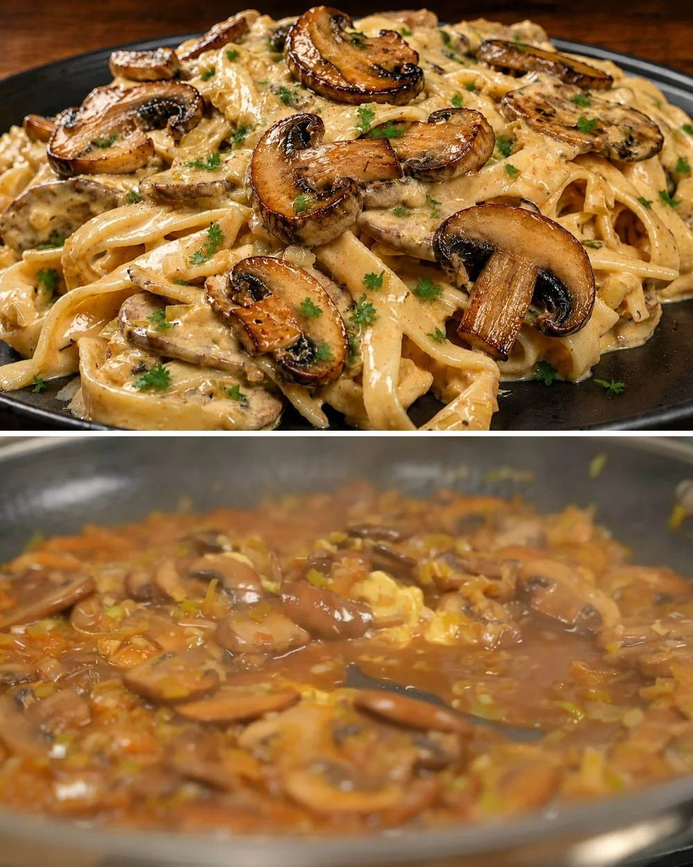 Romige champignonpasta met verse ingrediënten op een bord