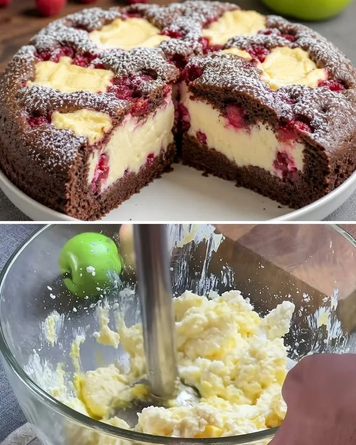Romige chocoladetaart met verse frambozen op een elegante serveerschaal