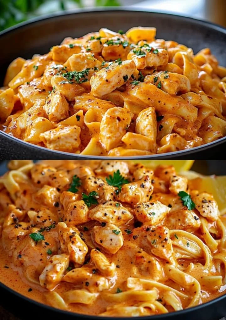 Romige kipnudels recept met kip, pasta en saus in een kom.
