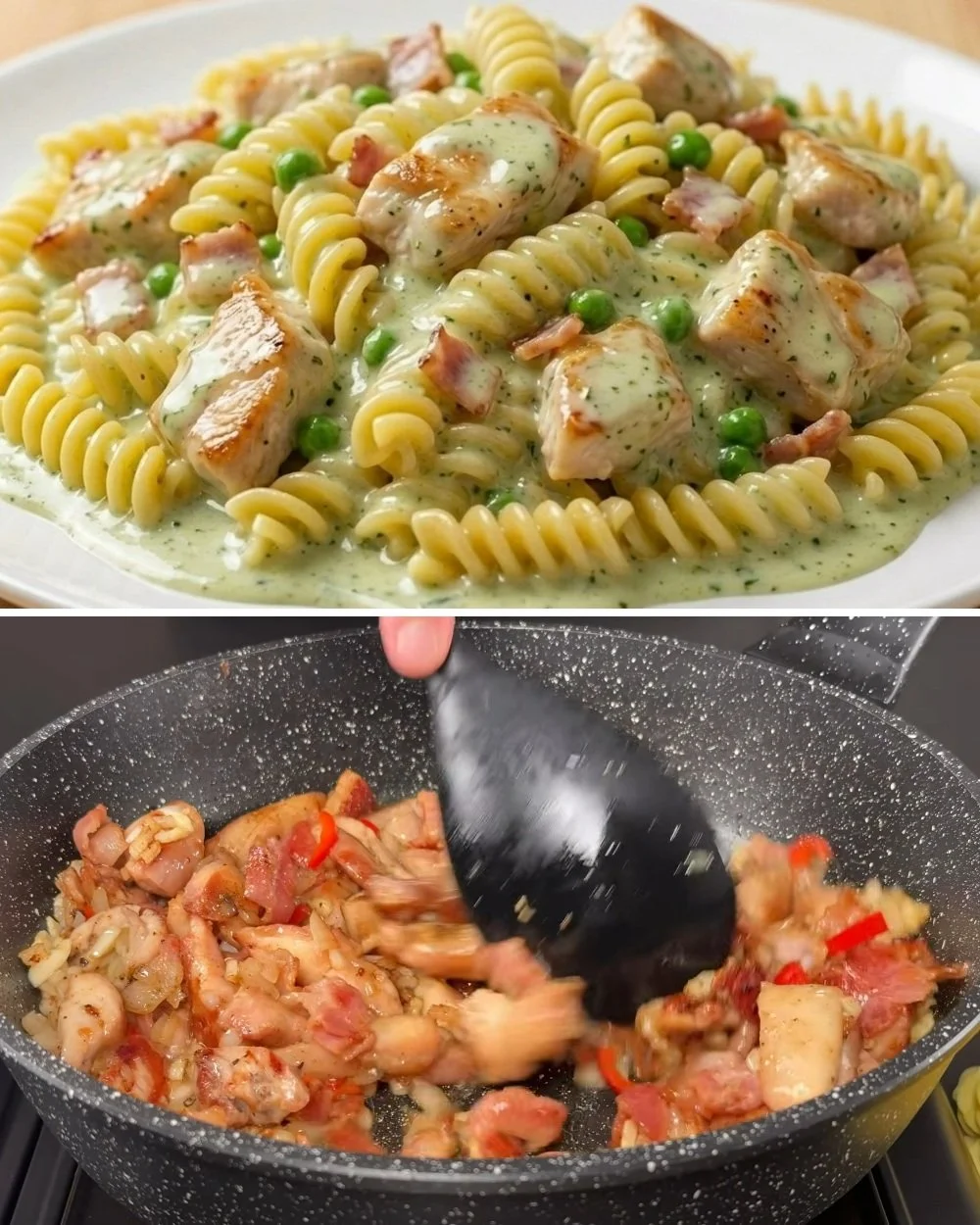 Romige pasta met kip en spek, een smakelijk gerecht vol smaak en eenvoud.