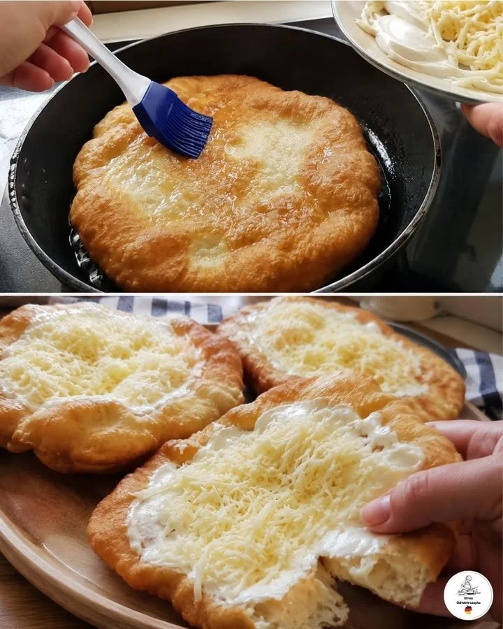 Heerlijke zelfgemaakte Langos met verschillende toppings en sauzen.