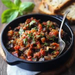 Siciliaanse aubergine caponata in een stijlvolle serveerschaal