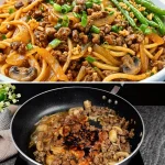 Snelle 10-minuten hack noodles met champignons en bonen in een kom.