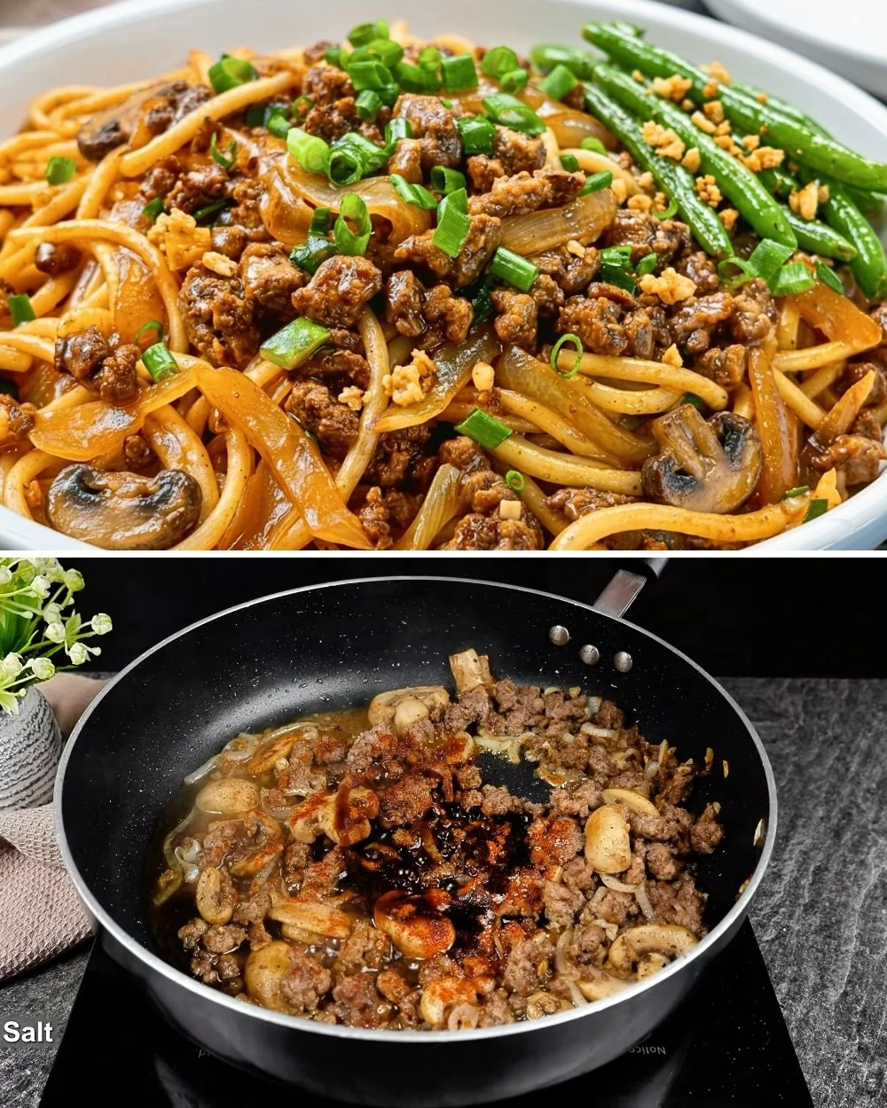 Snelle 10-minuten hack noodles met champignons en bonen in een kom.
