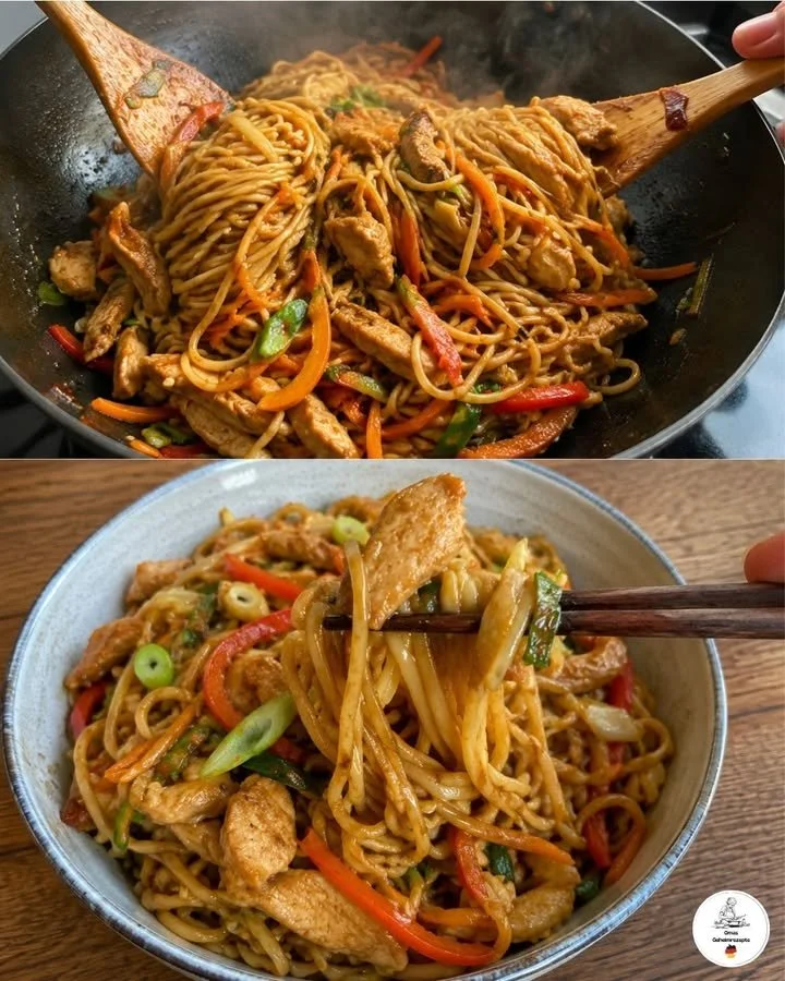 Snelle pangerecht met kip en kleurrijke groenten op een bord