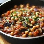 Een smakelijke stoofpot met aubergine en kikkererwten in een kom
