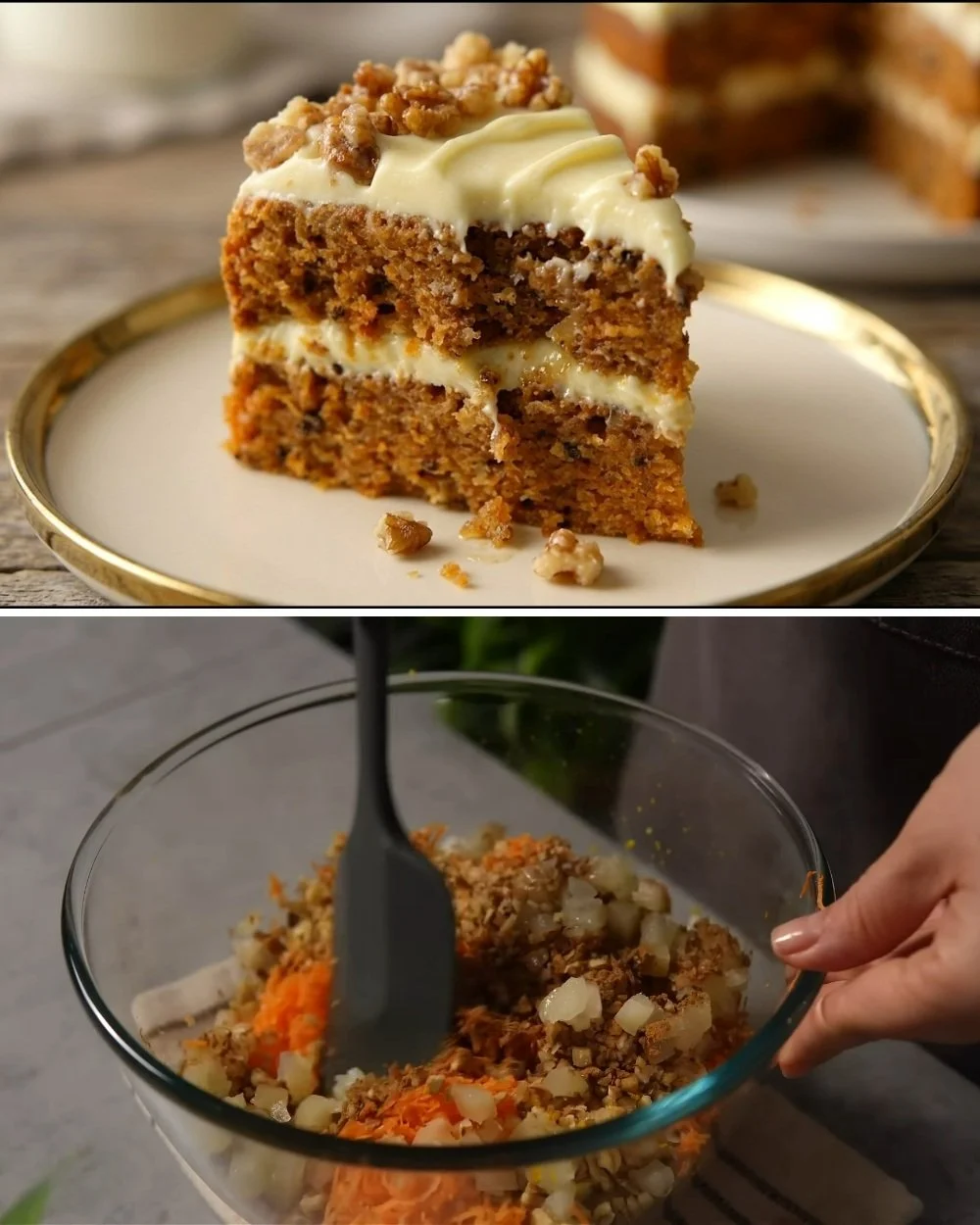 Heerlijke zelfgemaakte worteltaart met romige frosting en noten.