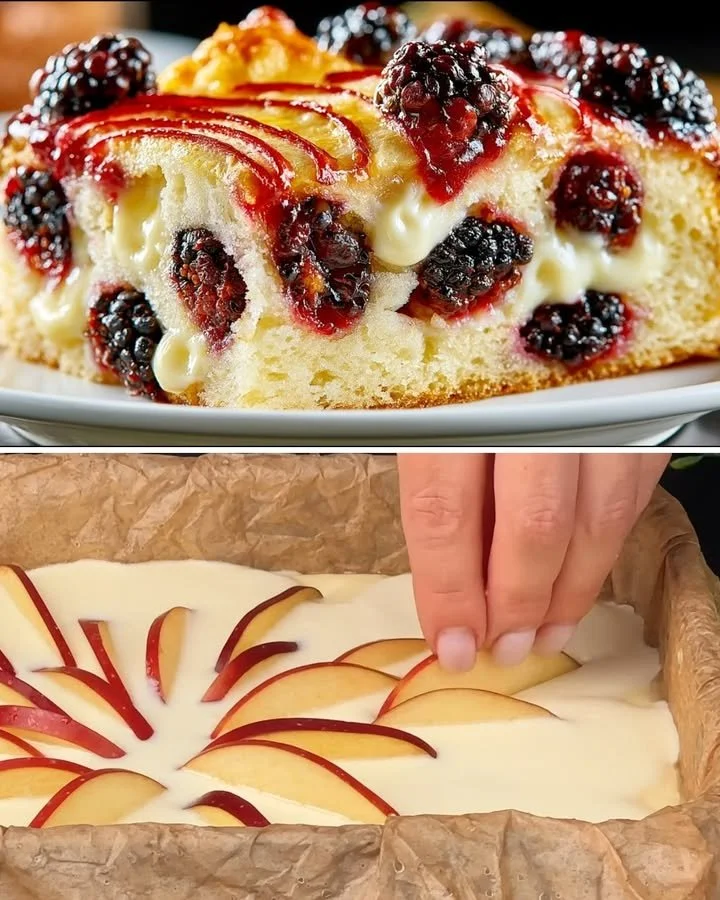 Yoghurttaart met appel-kersen en romige kwark, een smakelijk dessert.