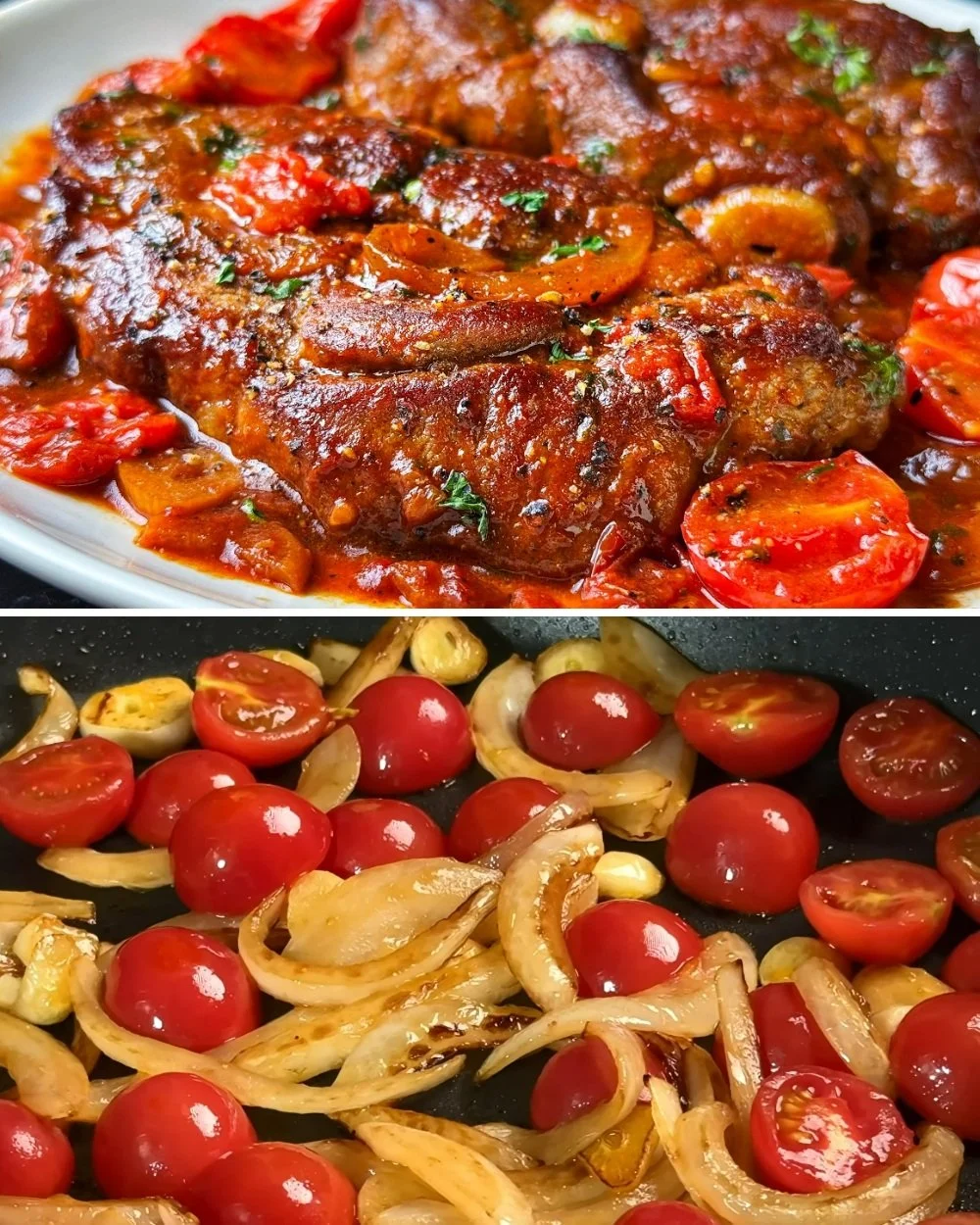 Zachte varkenskoteletten in tomatensaus op een bord
