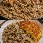 Zachte kalfsreepjes met champignons in romige saus op een bord
