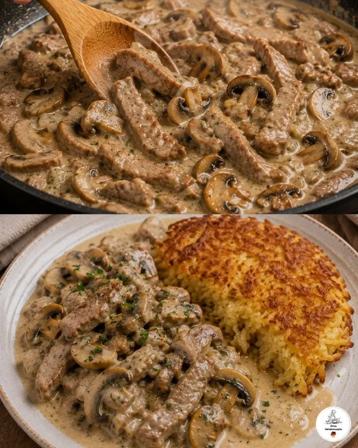 Zachte kalfsreepjes met champignons in romige saus op een bord
