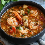 Jambalaya-stijl zeevruchten en rijstsoep met kruiden en verse ingrediënten.