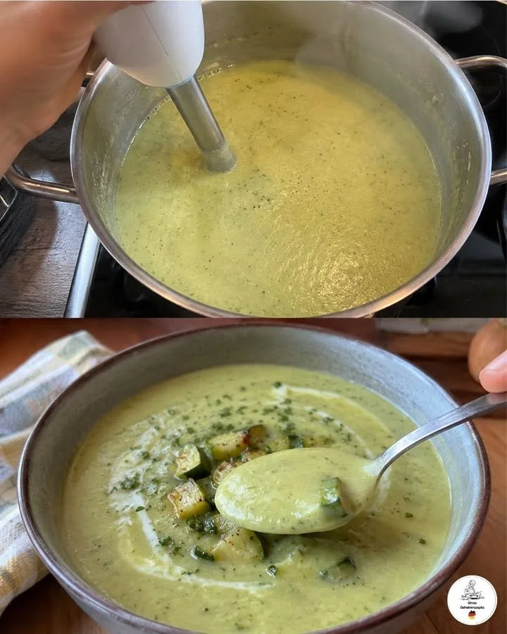 Heerlijke Zucchinisuppe in een kom, versierd met kruiden.
