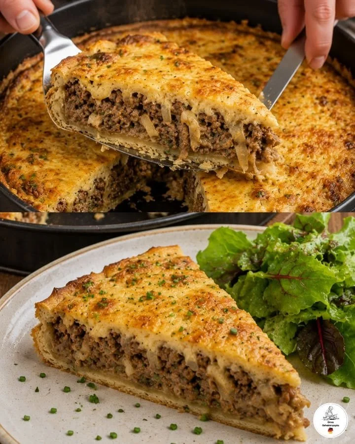Verse Zwiebelkuchen met uien en spek, geserveerd op een bord.