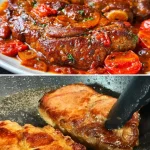 Malse varkenskarbonades in tomatensaus op een bord