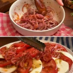 Vers gemaakte tomaten met uien salade op een bord, een kleurrijke en gezonde optie.